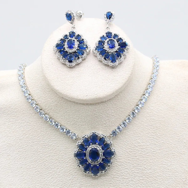 Luxury Dubai Blue Zirconia Necklace Earring Set for Women