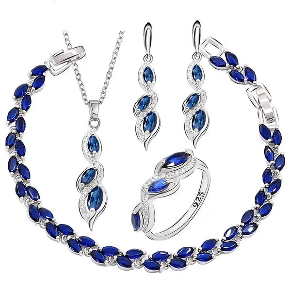 Blue Green Cubic Zirconia Silver Color Jewelry Sets For Women
