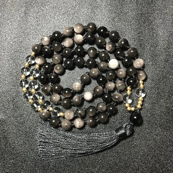 Collar anudado con cuentas de cuarzo transparente de obsidiana de 8 mm para meditación y yoga.