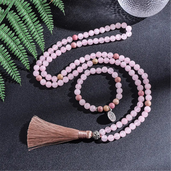 Collar de cuentas de cuarzo rosa rodolita natural de 8 mm para meditación, yoga y espíritu.