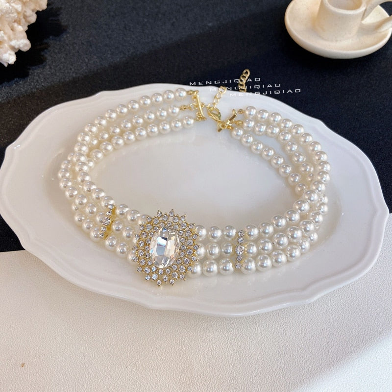 Vintage Style 3 Layers Pearl Choker Necklace For Women