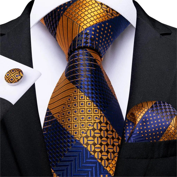 Corbata de rayas de moda para hombre, corbata de boda de seda azul dorada, pañuelo, gemelos, juego de regalo