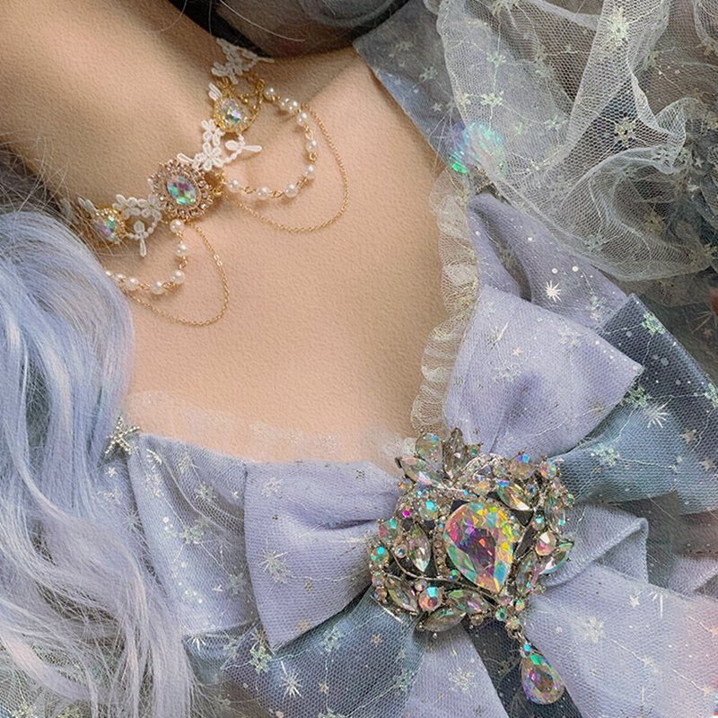 Korean Elegant Baroque Lace Flower Heart Crystal Choker Necklace For Women