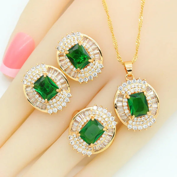 Green Semi-precious Gold Color Jewelry Sets for Women
