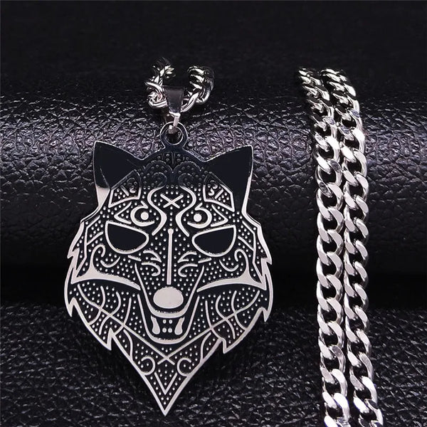 Gargantilla de acero inoxidable con cabeza de lobo vikingo para mujer y hombre