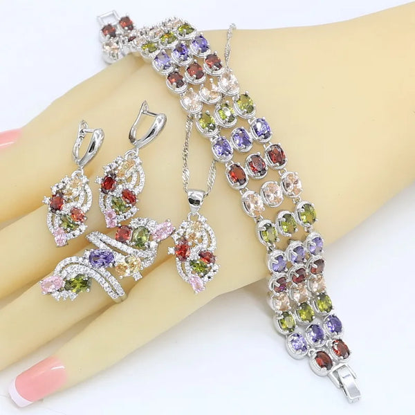 Multicolor Zircon Necklace Pendant Earrings Ring Bracelet Wedding Gift