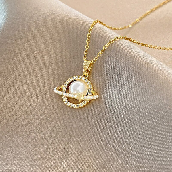Stainless Steel Planet Pearl Ring Surround Pendant Necklace