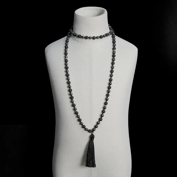 Collar anudado de magnetita y lava negra con 108 cuentas de mala para meditación de yoga