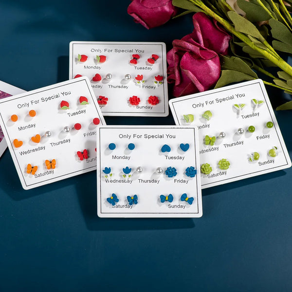 7pairs Ceramic earrings Sets week Cartoon kawaii Multicolor Gift