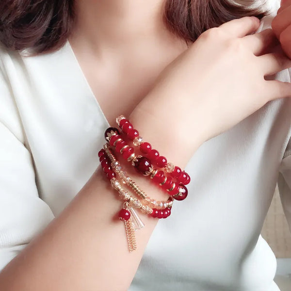 Pulsera de cuerda elástica multicapa con borlas de cristal bohemio, 4 piezas/juego