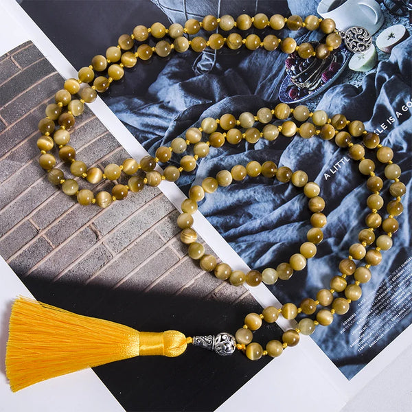 Collar anudado de mala 108 con cuentas de ojo de tigre natural de 8 mm para meditación