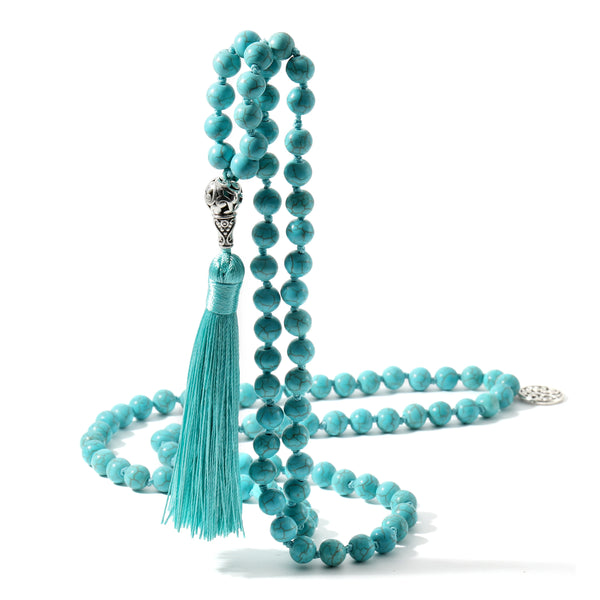 Collar de japamala anudado turquesa de 8 mm, joyería espiritual para meditación y yoga, 108 cuentas mala