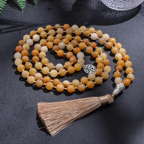 Collar de japamala anudado de jade amarillo de 8 mm, 108 cuentas de mala, conjunto de pulsera de joyería para meditación y yoga con bendiciones