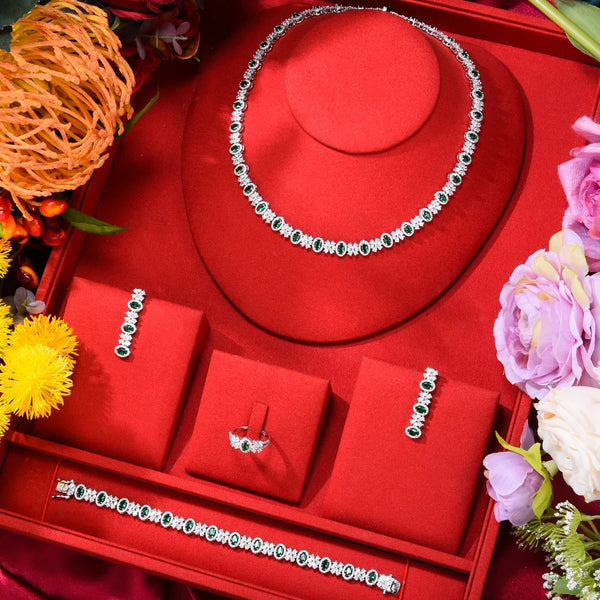 Sweet Shiny Luxury Gorgeous Green CZ Necklace Earrings Jewelry Set Women Wedding Sparkly Women