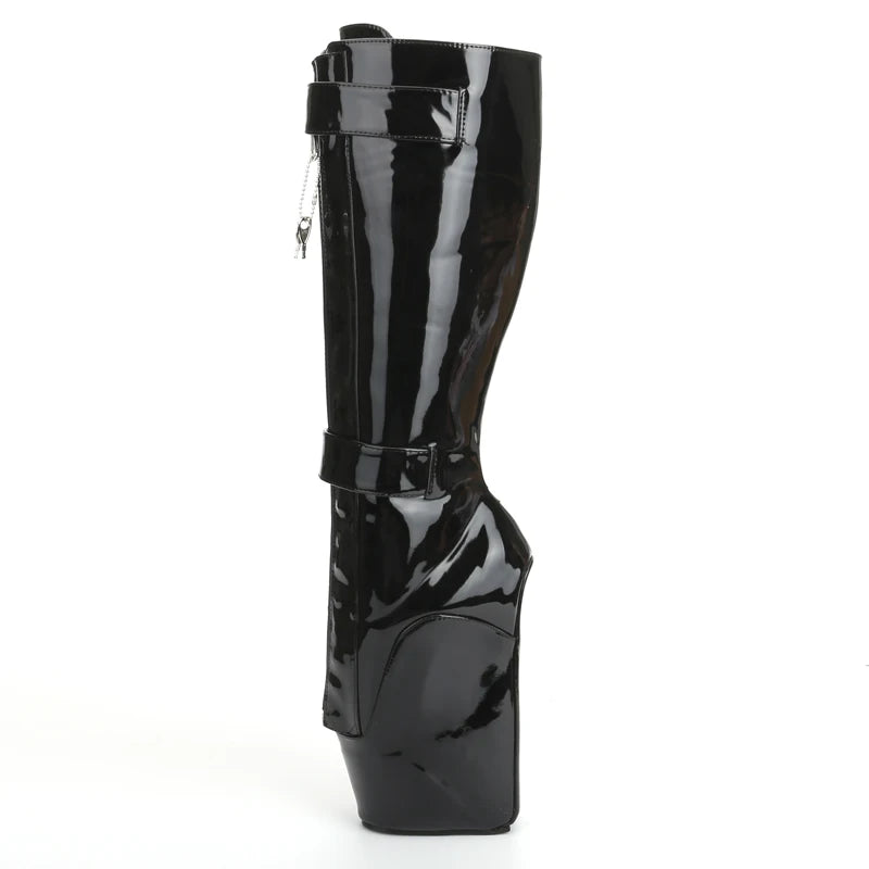 Women Sexy Boots 18cm High Wedge Heel Heelless Sole Lockable Zipper padlocks Knee-High Ballet Boots