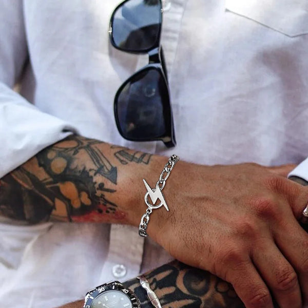 Mens Bracelet. Lightning Bolt Bracelets,Stainless Steel Figaro Link Chain