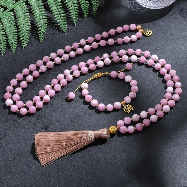 Collar de japamala anudado con cuentas de kunzita de 108 mm, conjunto de pulseras de joyería espiritual para meditación y yoga