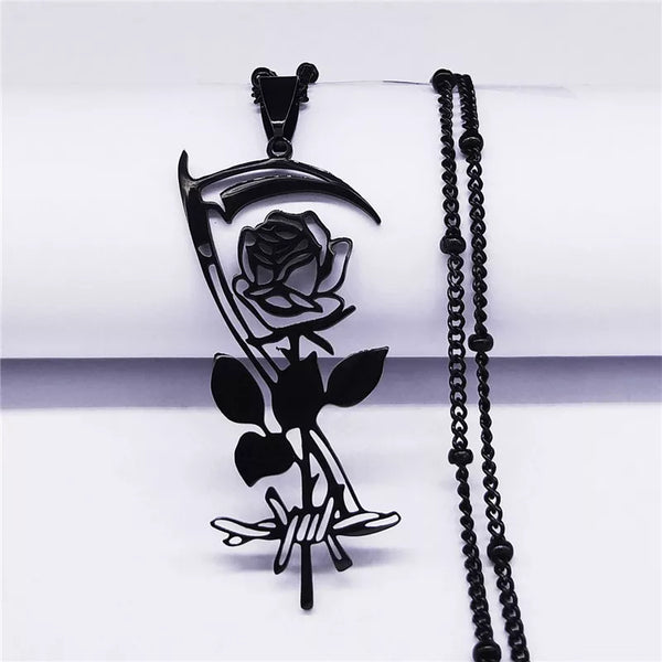 Collar gótico con flor de rosa en forma de hoz para mujer y hombre