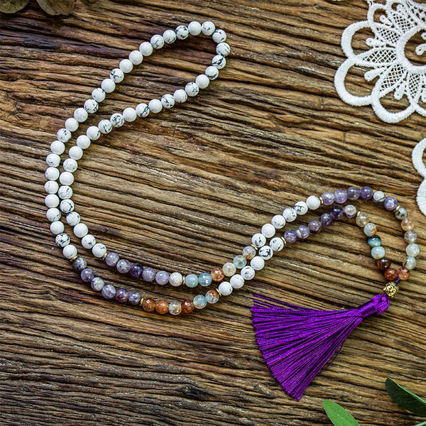 Collar de cuentas de ágata howlita y amatista natural de 8 mm, mala 108 para meditación, yoga y bendición, joyería tibetana