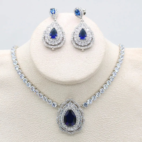 Water Drop Dubai Blue Sapphire Green Peridot Necklace Earring Set for Women