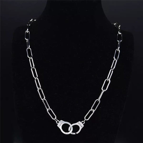 Gargantilla de acero inoxidable con esposas punk para mujer, color plata, colgantes