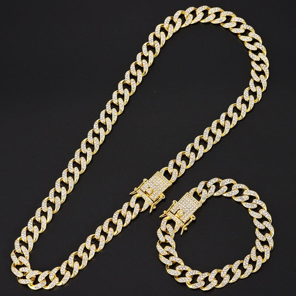 Iced Out Bling Rhinestone Golden Miami Cuban Link Chain CZ Necklace Men