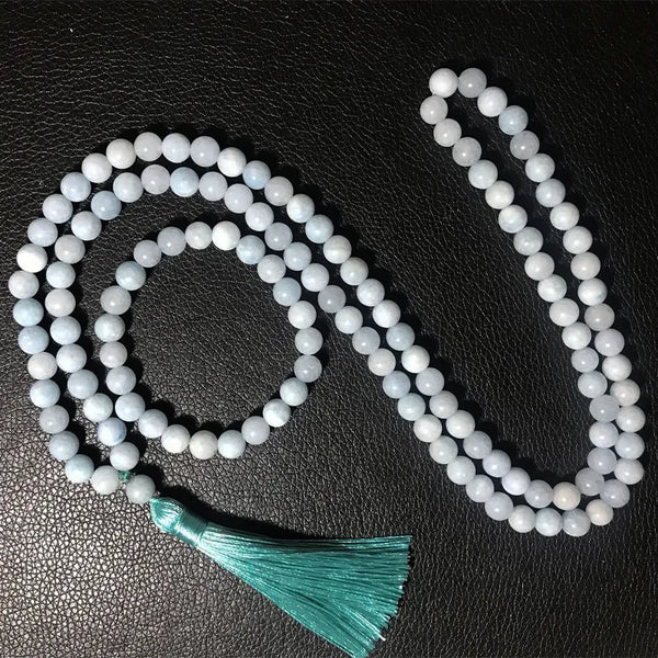 Collar de cuentas de aguamarina de 8 mm, 108 japamalas, conjuntos de joyas para meditación y yoga