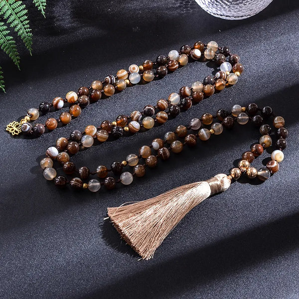 Conjunto de collar y pulsera de japamala anudado de ágata café de 8 mm, 108 cuentas de mala de meditación