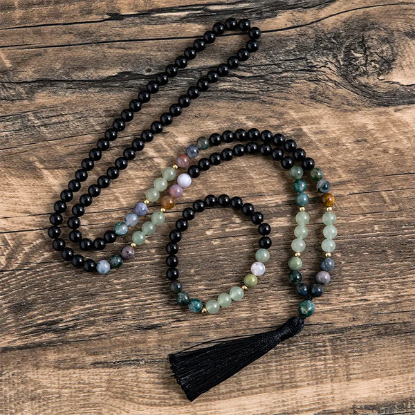 Collar de cuentas de aventurina verde natural de 8 mm con ágata india y ónix negro