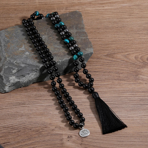 Collar Mala 108 de piedra natural con nudo de cuentas, hecho a mano, de ónix negro y ojo de tigre azul