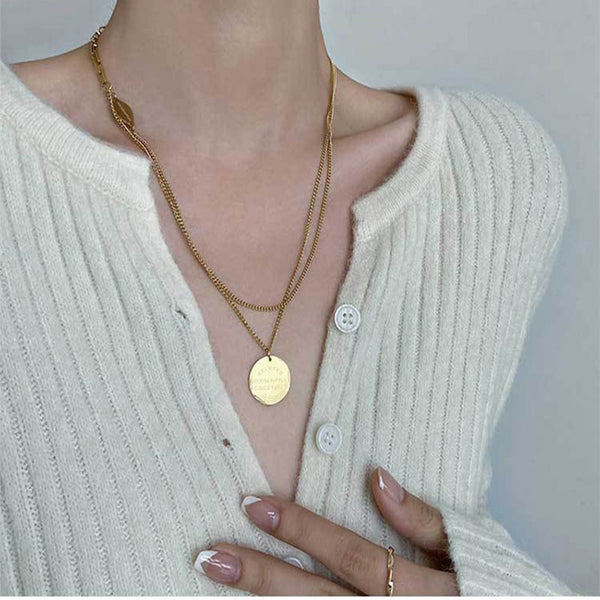 316L Stainless Steel Minimalist Double Layer Chain Necklace Round Card Pendant