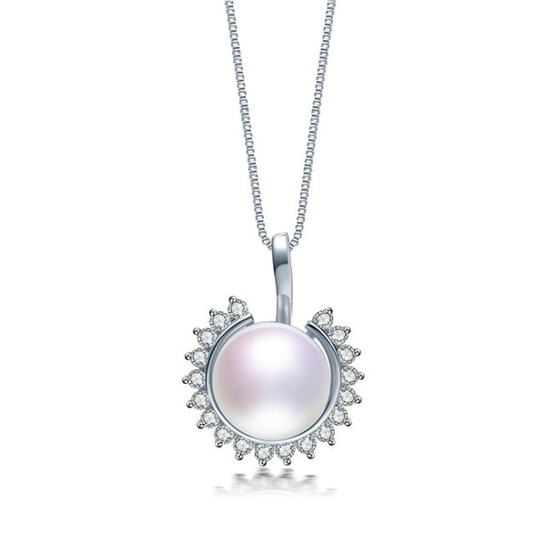 Joyería fina en plata de ley 925 con colgante de girasol y circonita con auténtica perla cultivada de agua dulce. El mejor regalo.
