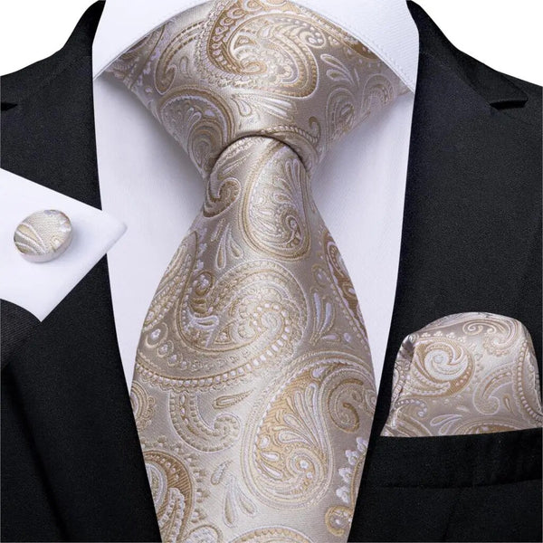 Corbata de boda con estampado de cachemira dorada y plateada para hombre, conjunto de pañuelo y gemelos de seda para hombre