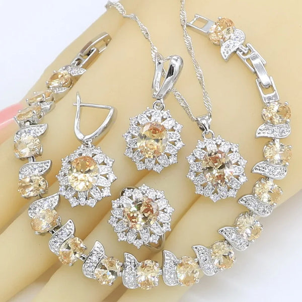 Orange Zircon Silver Color Necklace Pendant Earrings Ring Bracelet Birthday Gift