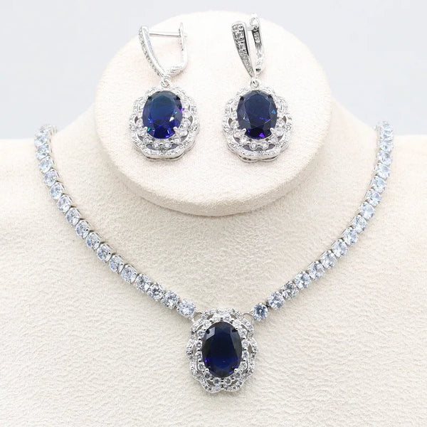 Geometric Silver Color Blue Green White Zircon Necklace Earring Set for Women