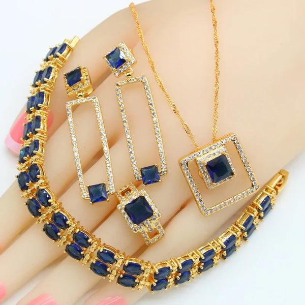 Geometric Blue Stones 18K Gold Plated Jewelry Sets for Women