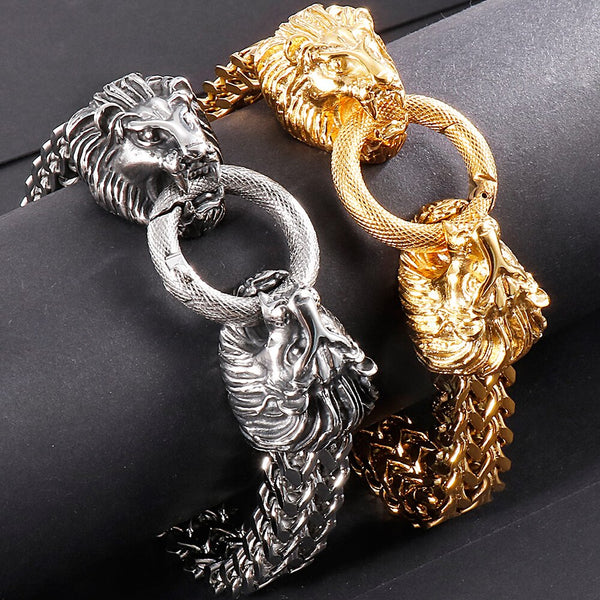 Pulsera gótica de acero inoxidable con cabeza de león y cadena de eslabones para hombre.