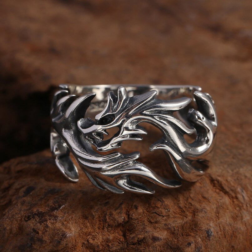 Real Silver Personalized Hollow Dragon Open Ring Men Women