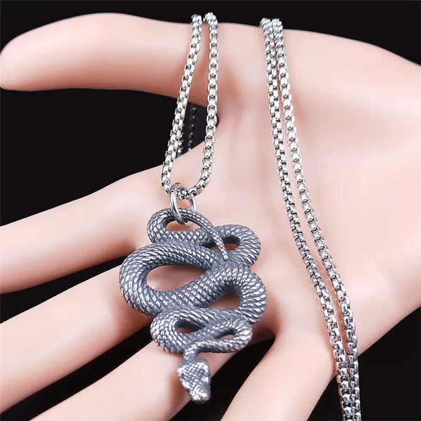 Collar largo de acero inoxidable con forma de serpiente de brujería para hombre, cadena plateada