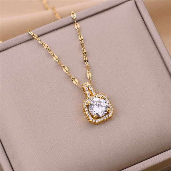 316L Stainless Steel Square 3 Color Crystal Zircon Clavicle Chain High Quality Beauty Pendant