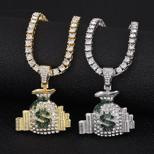 Collar de lujo con colgante de bolsa de dinero estilo hip hop con el logo del dólar