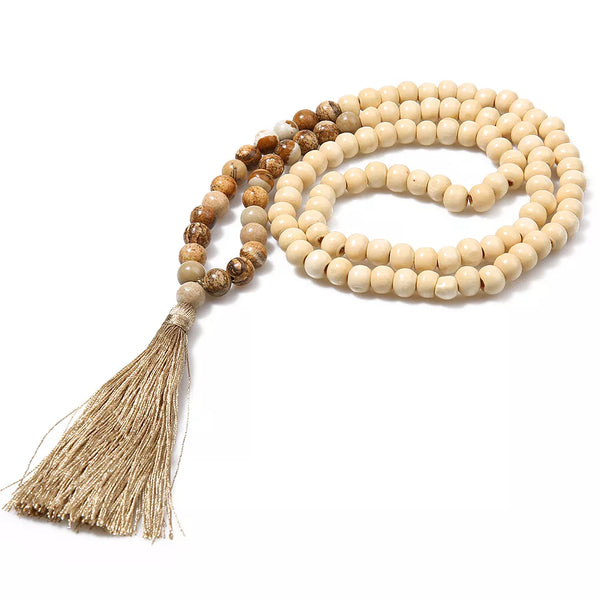 Collar de borlas de piedra natural hecho a mano con borlas de madera y yoga de moda bohemia para mujer