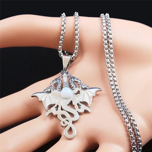 Collar de cadena de acero inoxidable con piedra lunar y dragón de fuego de brujería, color plateado