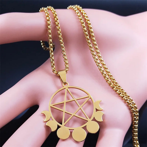 Collares largos de acero inoxidable con pentagrama y luna de brujería, color dorado, cadena pagana de brujas.