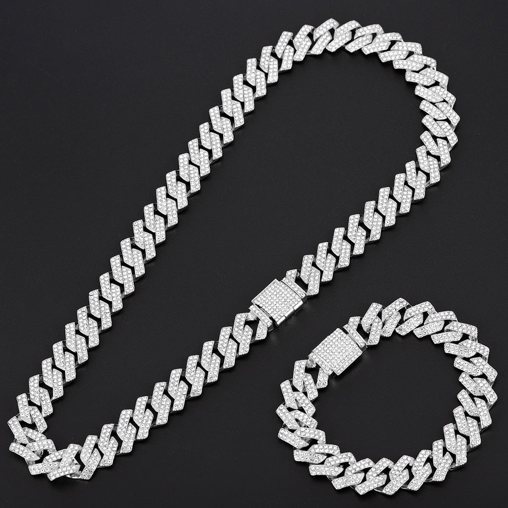 15MM Hip Hop Prong Cuban Chain 2 Row AAA+ Iced Out Bling Rhinestone Necklaces