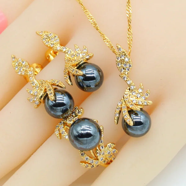 Black White Pearl Gold Color Jewelry Set for Women