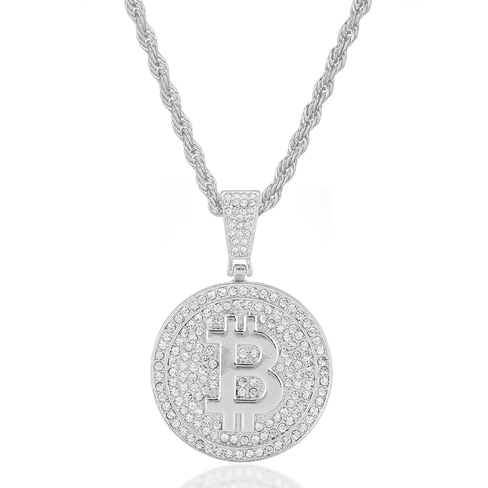 Gold Color Iced Out Round Micro Pave Full Cubic Zircon Big Bitcoin Pendant Necklace Charm