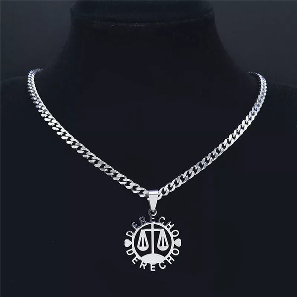 Collar de acero inoxidable con balanza de justicia para abogado DERECHO, para mujer y hombre.