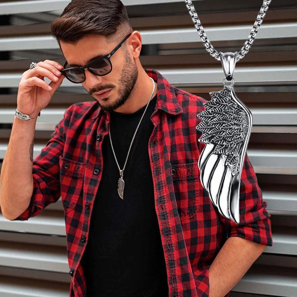 Men Pendant Necklaces, Gothic Vintage Angel Wings Feather Pendant Stainless Steel Necklaces