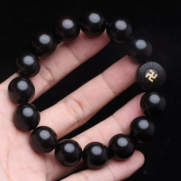 Pulsera de madera auténtica de ébano negro de 12 mm y 15 mm, universal, para hombre y mujer.